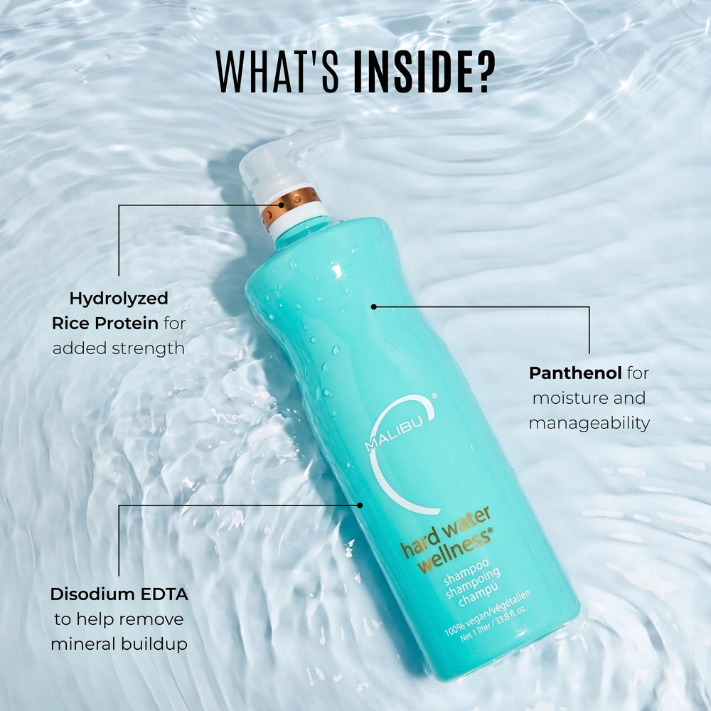 Malibu C bottle beside Hard Water Remedy showing a coordinated detox and care system