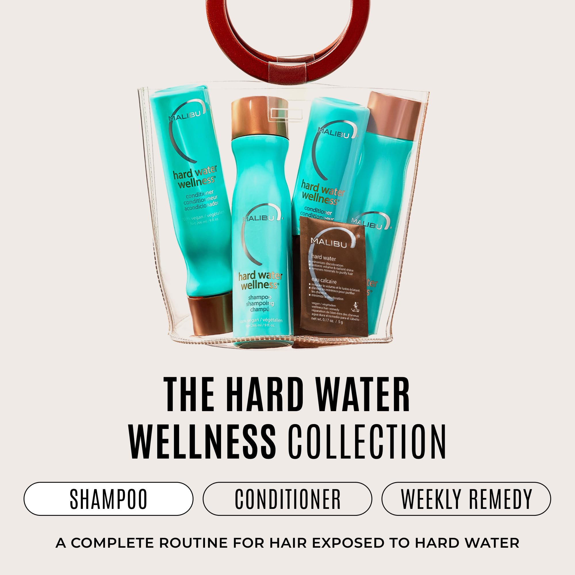 Malibu C bottle on bathroom shelf in lifestyle setting suggesting daily routine integration