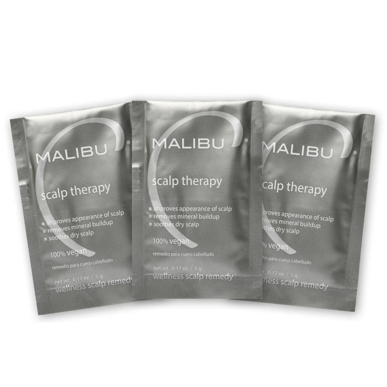 Malibu C front packaging showing three single-use scalp therapy packets for convenience and freshness