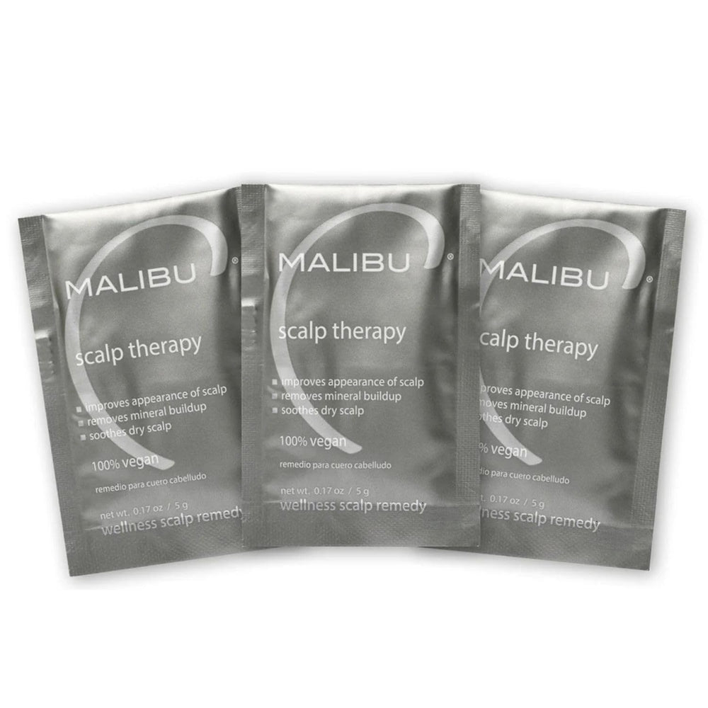 Malibu C front packaging showing three single-use scalp therapy packets for convenience and freshness