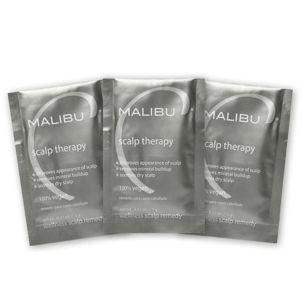 Malibu C front packaging showing three single-use scalp therapy packets for convenience and freshness