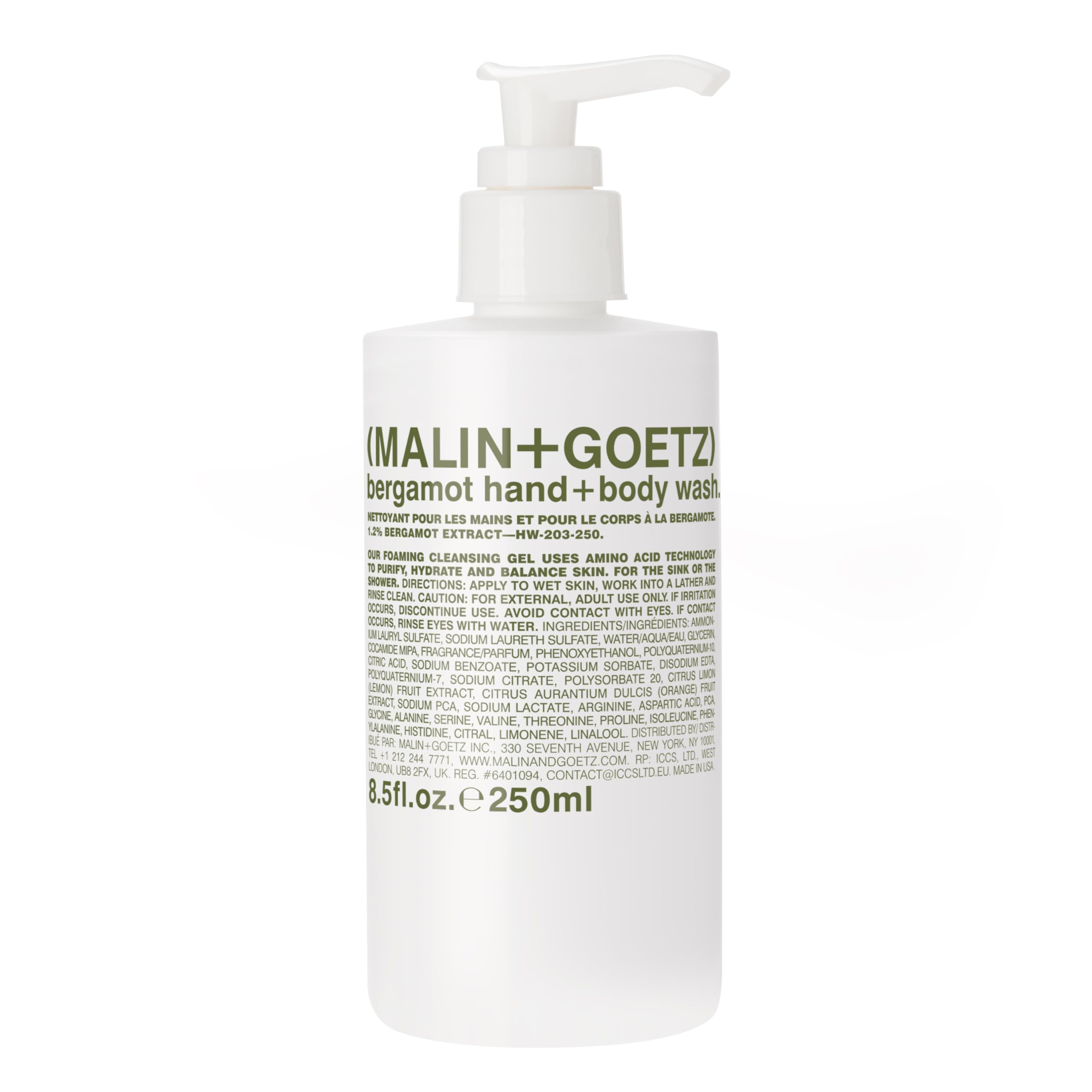 MALIN+GOETZ front bottle view showing sleek packaging and bergamot benefit