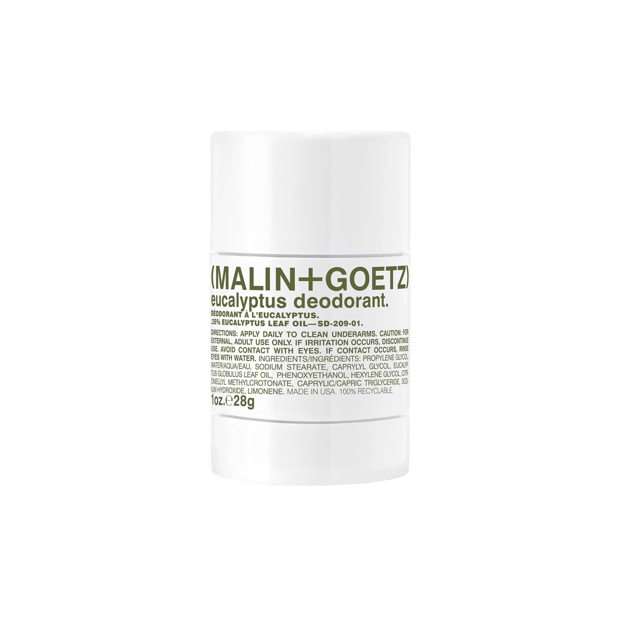 MALIN+GOETZ front compact deodorant stick showing travel-ready size and brand