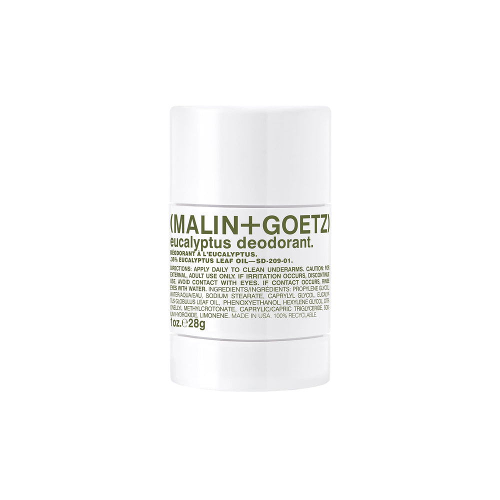 MALIN+GOETZ front compact deodorant stick showing travel-ready size and brand