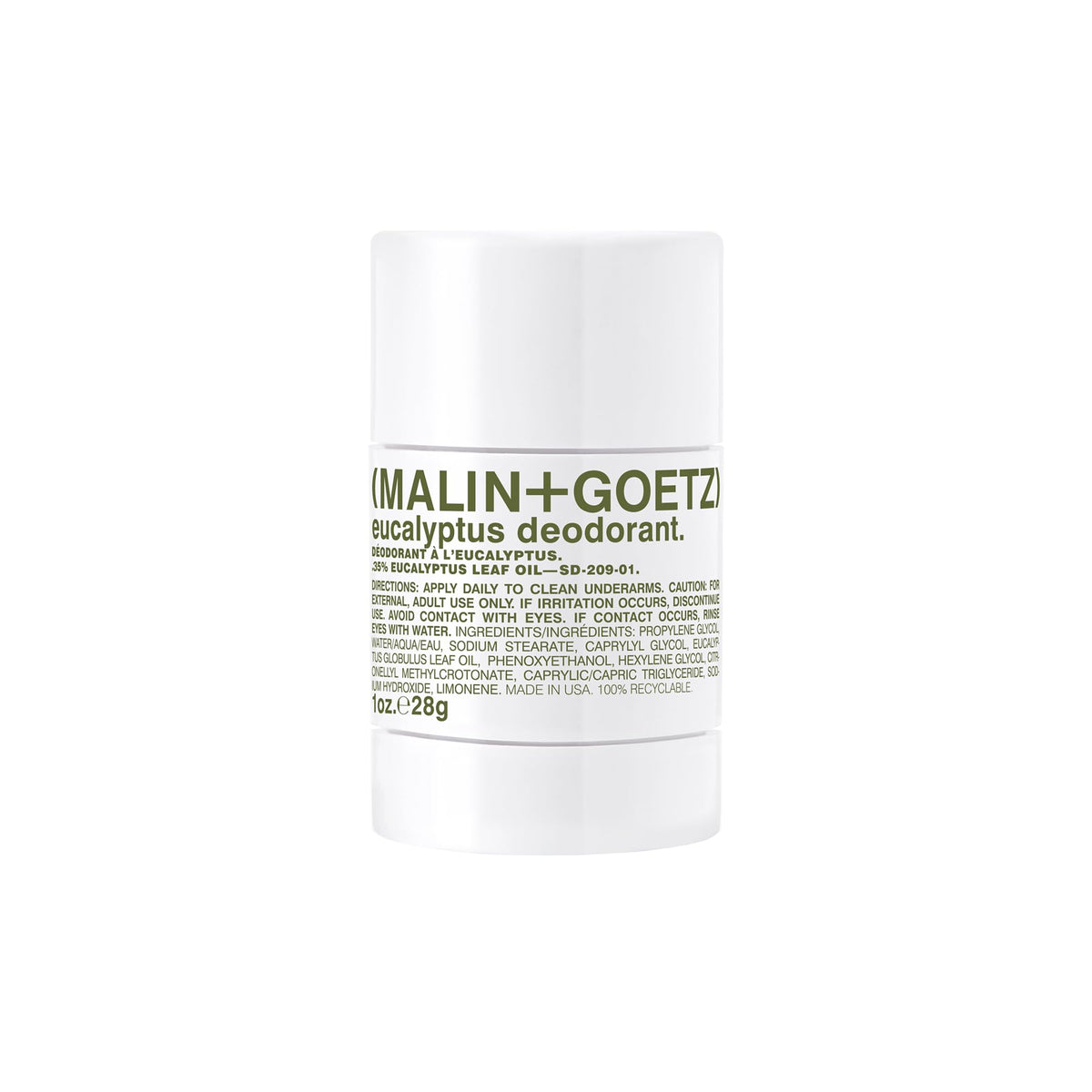 MALIN+GOETZ front compact deodorant stick showing travel-ready size and brand