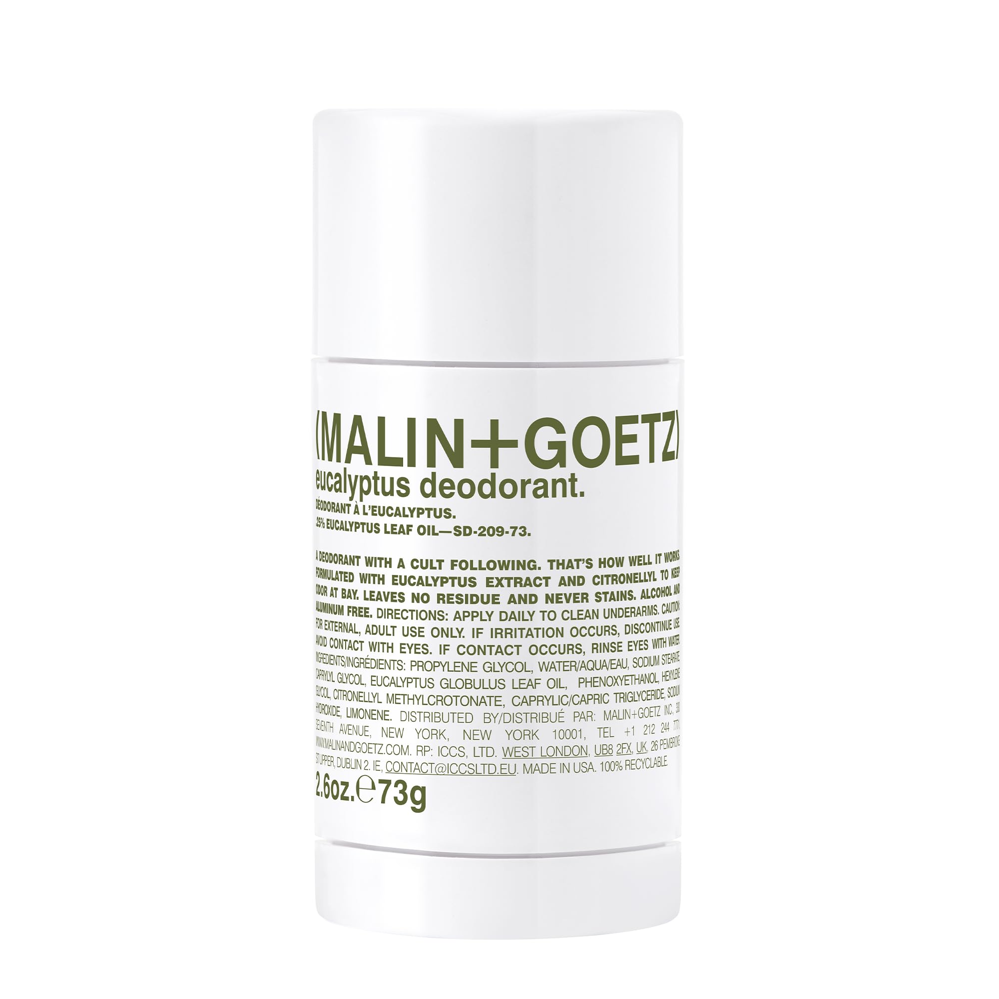 MALIN+GOETZ front view of eucalyptus deodorant stick showing clean packaging and size benefit