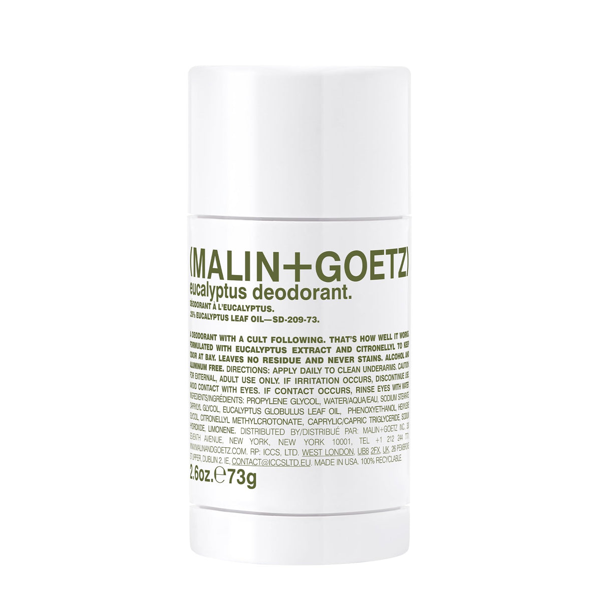 MALIN+GOETZ front view of eucalyptus deodorant stick showing clean packaging and size benefit