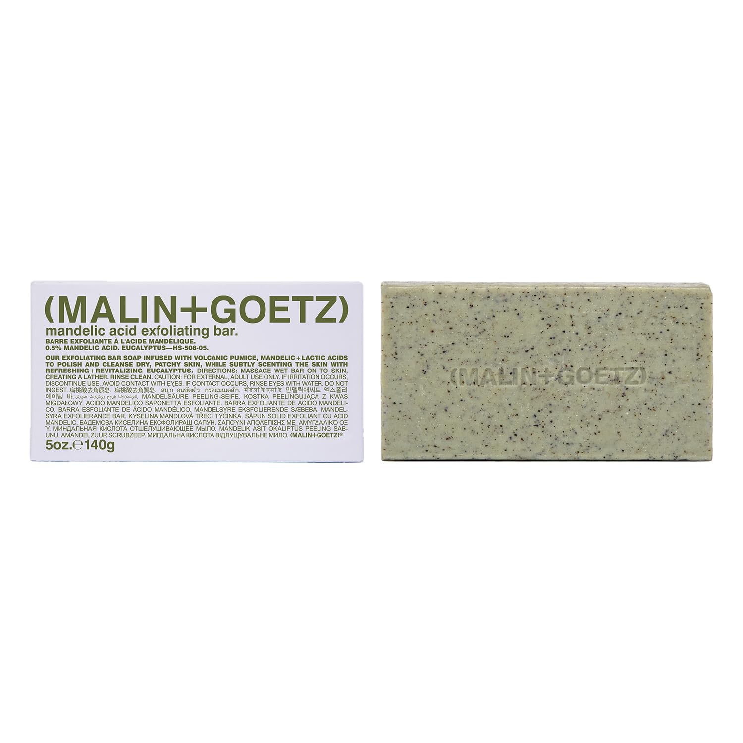 MALIN+GOETZ exfoliating bar front view showing label and size, clear product benefit