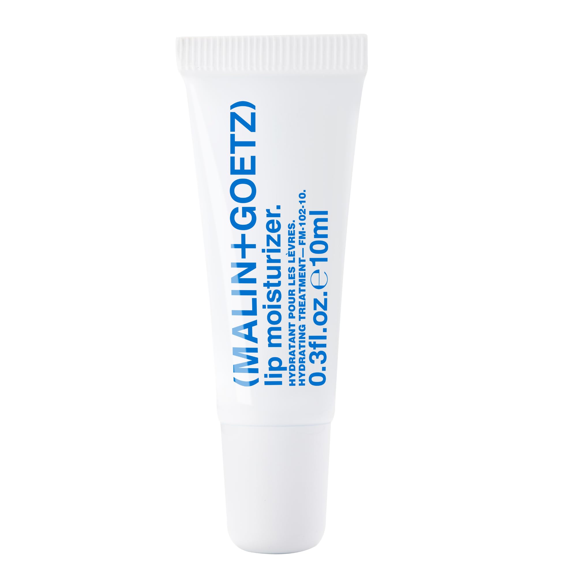 MALIN+GOETZ front packaging showing unscented lip moisturizer and clear label benefit