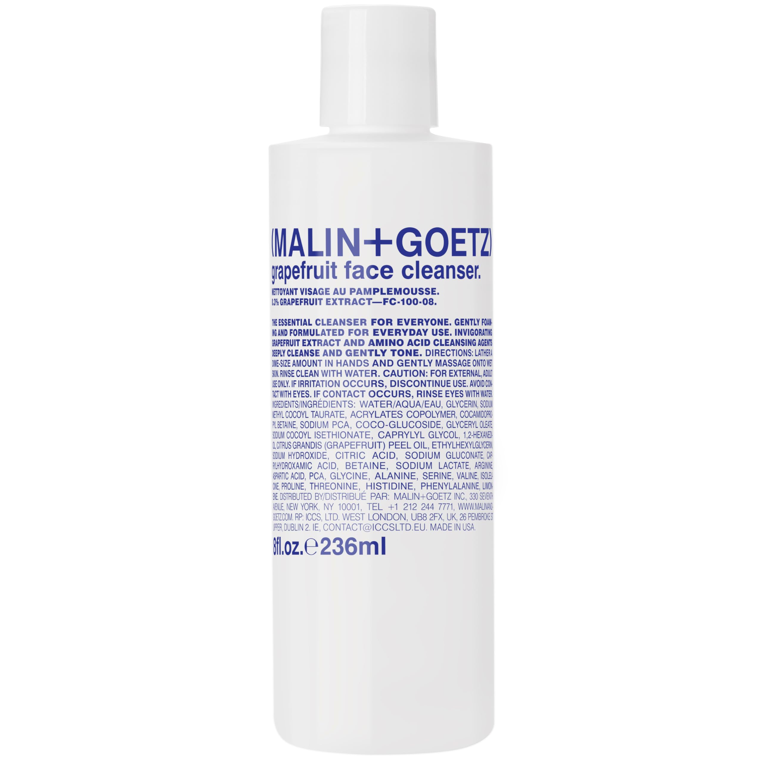 MALIN+GOETZ bottle front view showing cleanser branding and easy identification