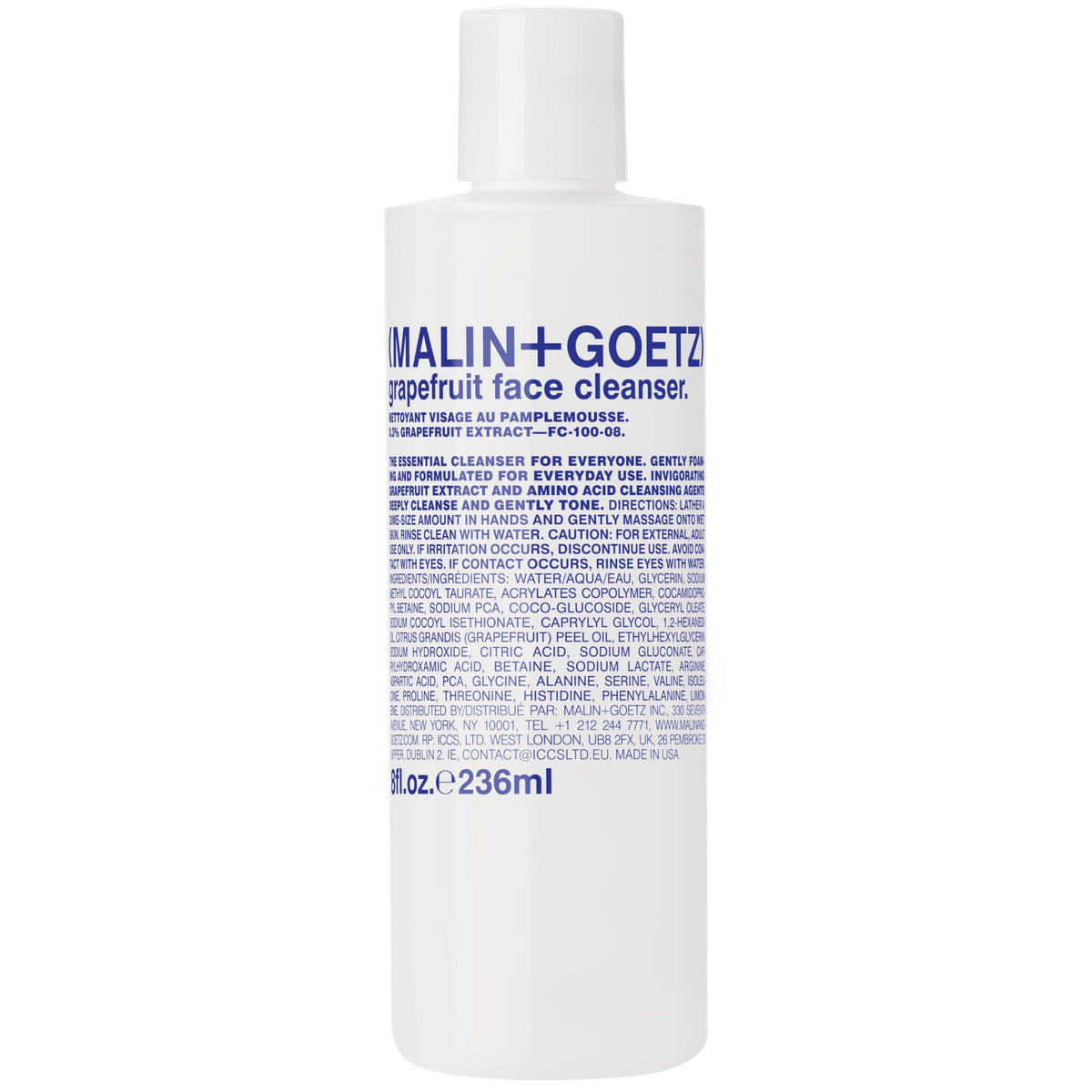 MALIN+GOETZ bottle front view showing cleanser branding and easy identification