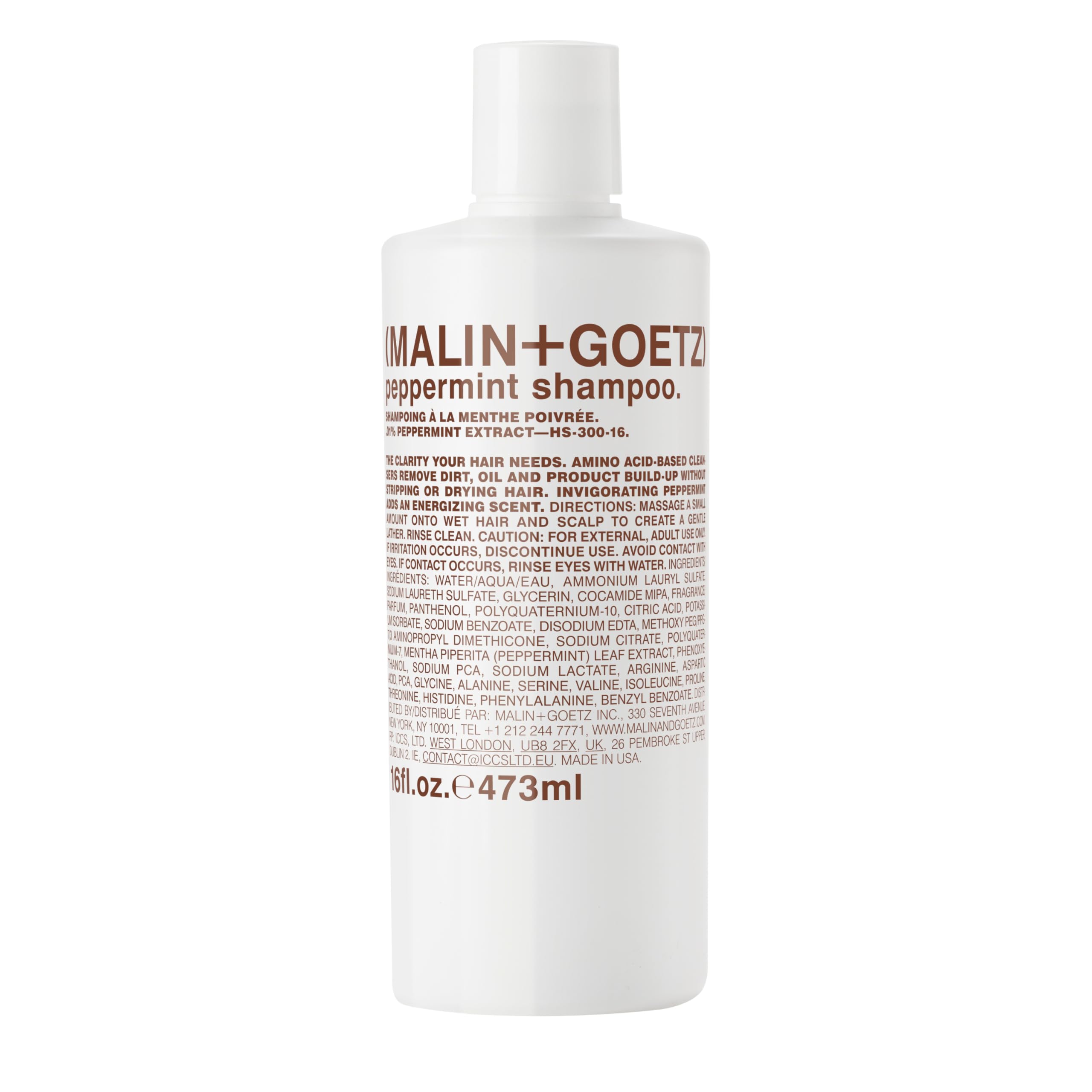 MALIN+GOETZ front bottle view showing peppermint shampoo for a minimalist bathroom benefit