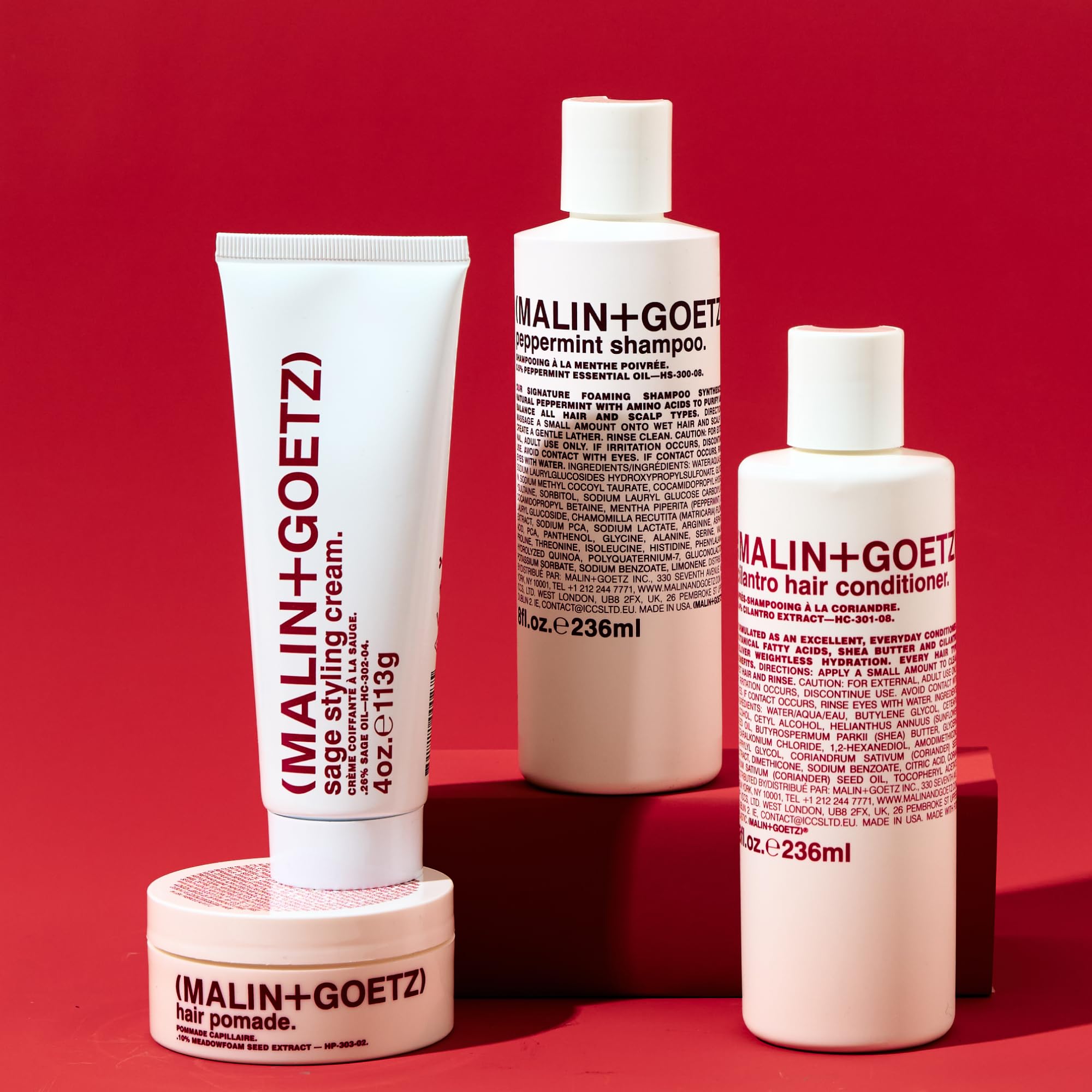 MALIN+GOETZ peppermint shampoo paired with Cilantro Conditioner showing balanced hair care