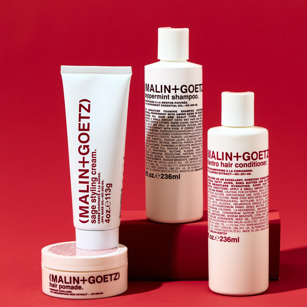 MALIN+GOETZ peppermint shampoo paired with Cilantro Conditioner showing balanced hair care