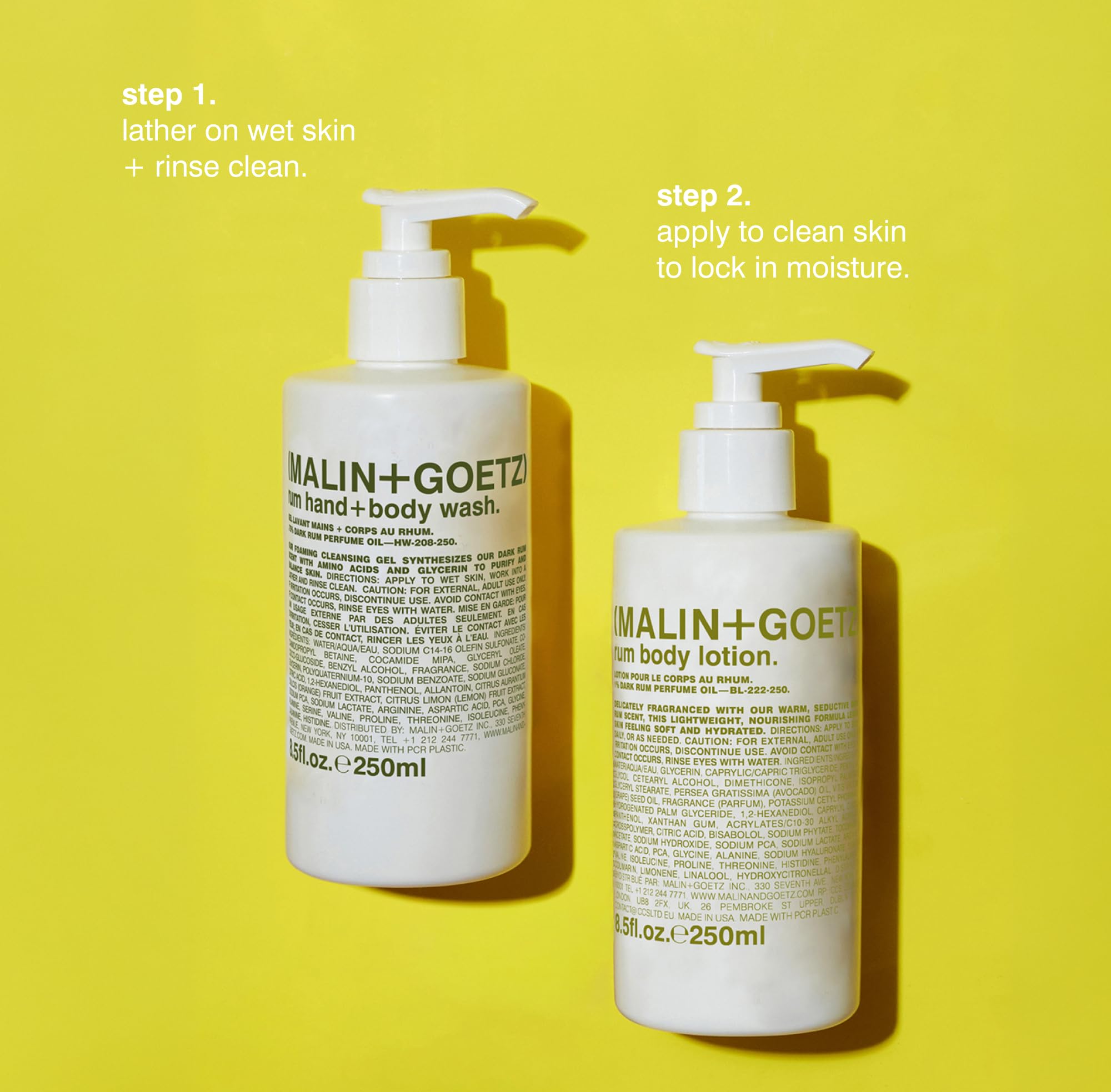 MALIN+GOETZ 8.5 fl oz bottle beside common items for scale and portability