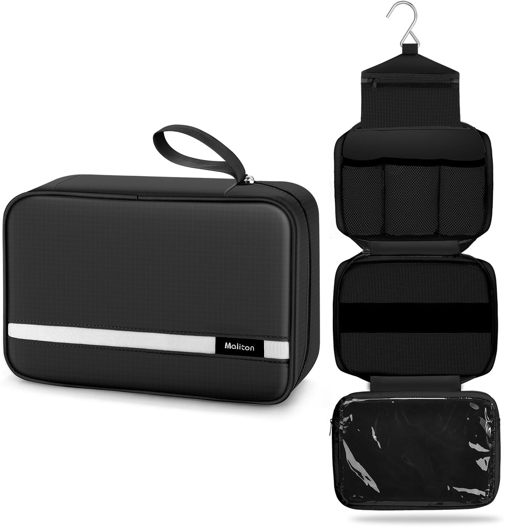 Maliton front view of toiletry bag showing slim silhouette and carry handle benefit