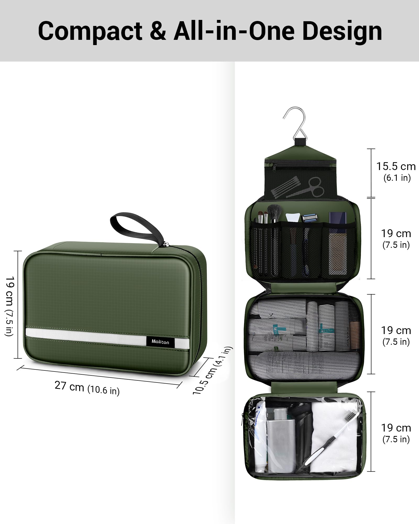 Maliton hanging on a shower rod with hook for hands-free bathroom access