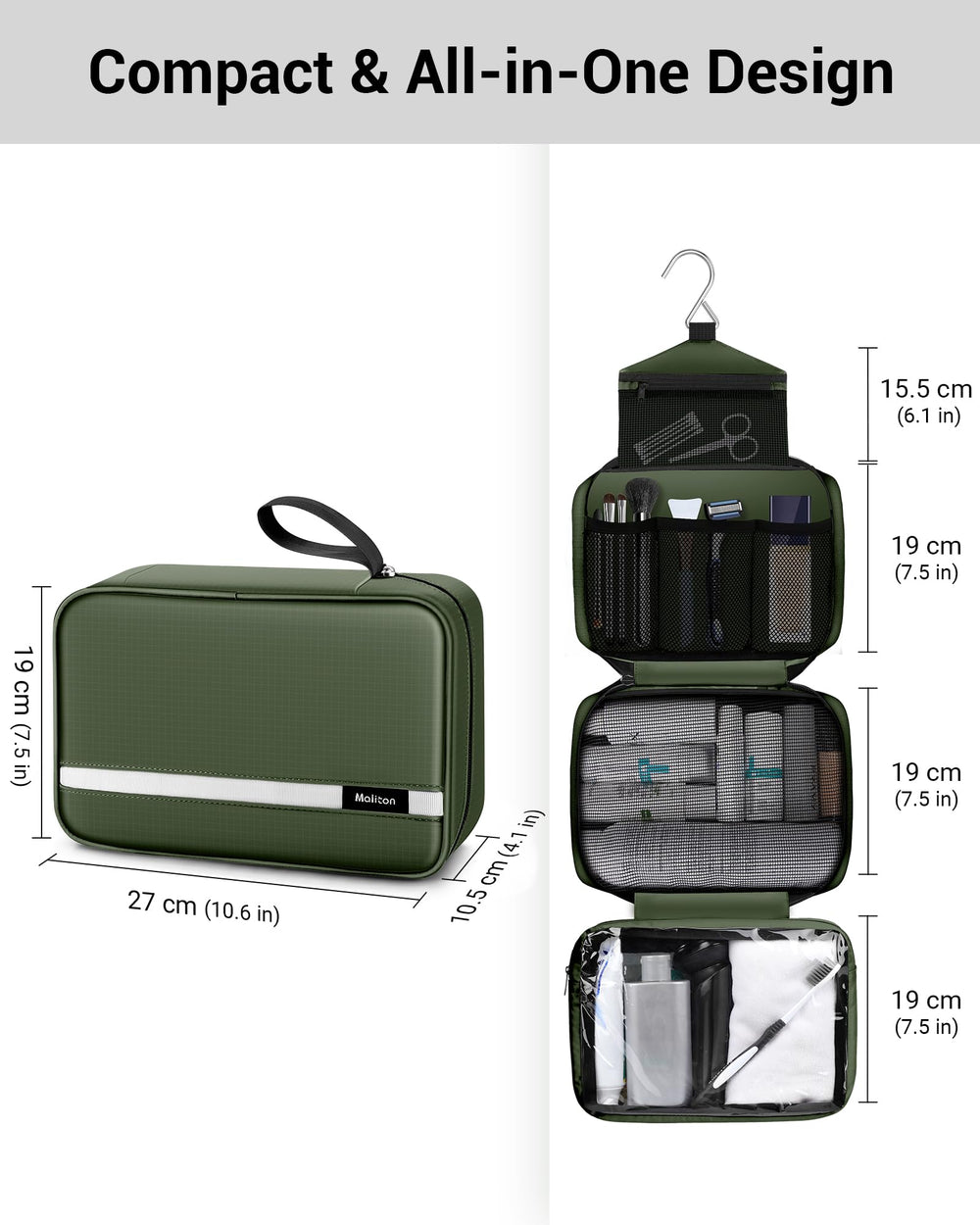 Maliton hanging on a shower rod with hook for hands-free bathroom access