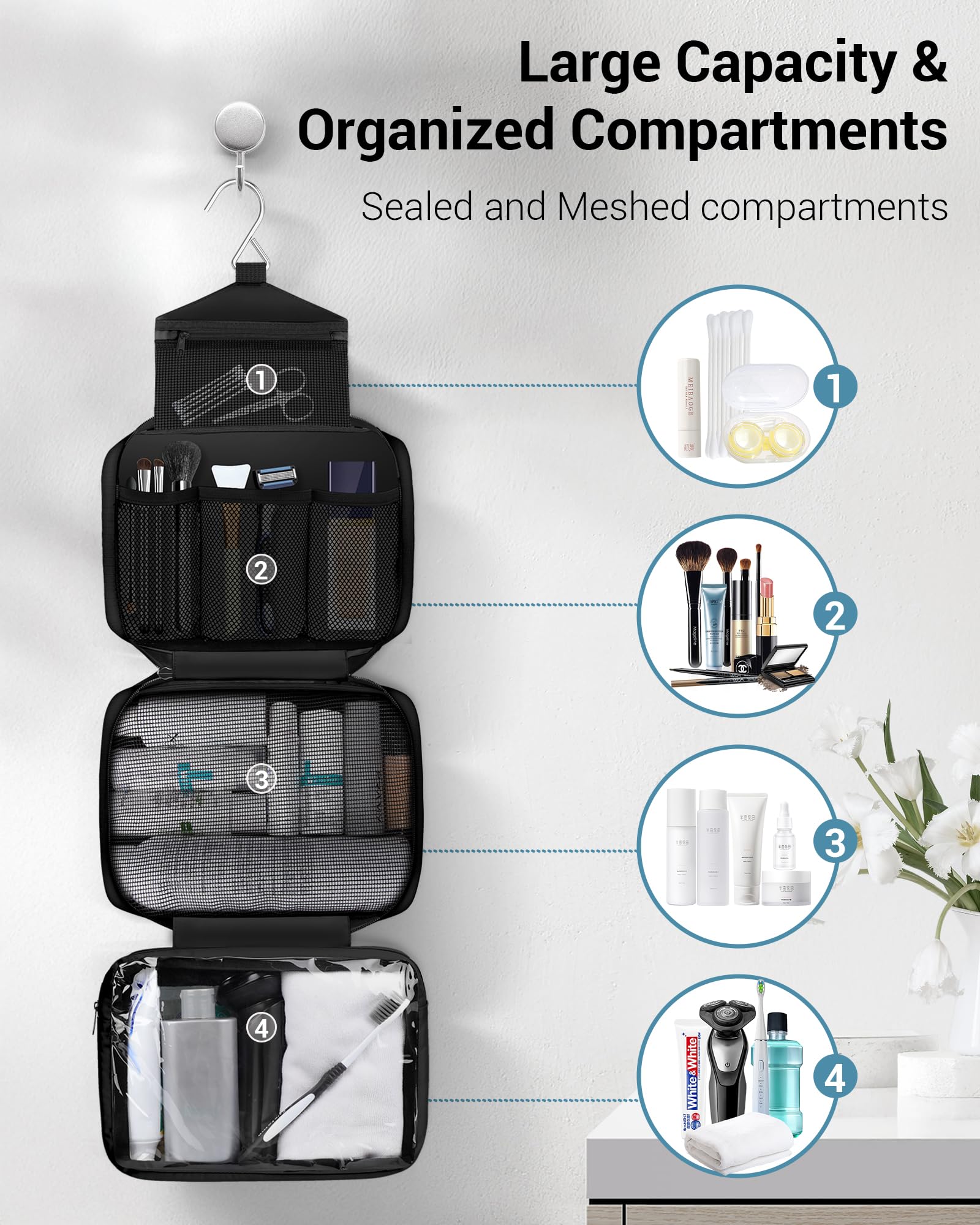 Maliton open interior showing four compartments for easy organization benefit