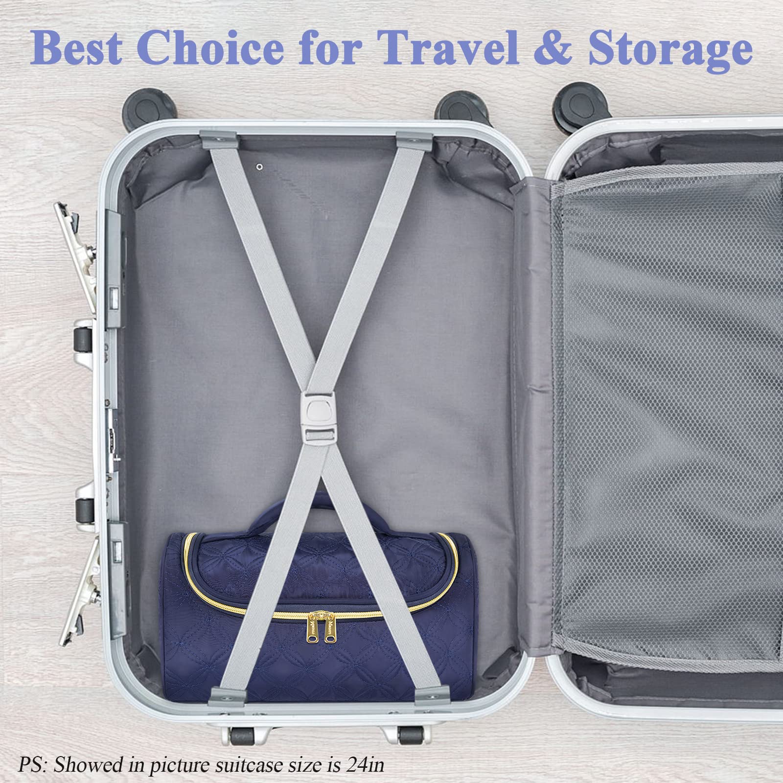 Mancro beside suitcase showing travel-friendly size and suitcase packing benefit