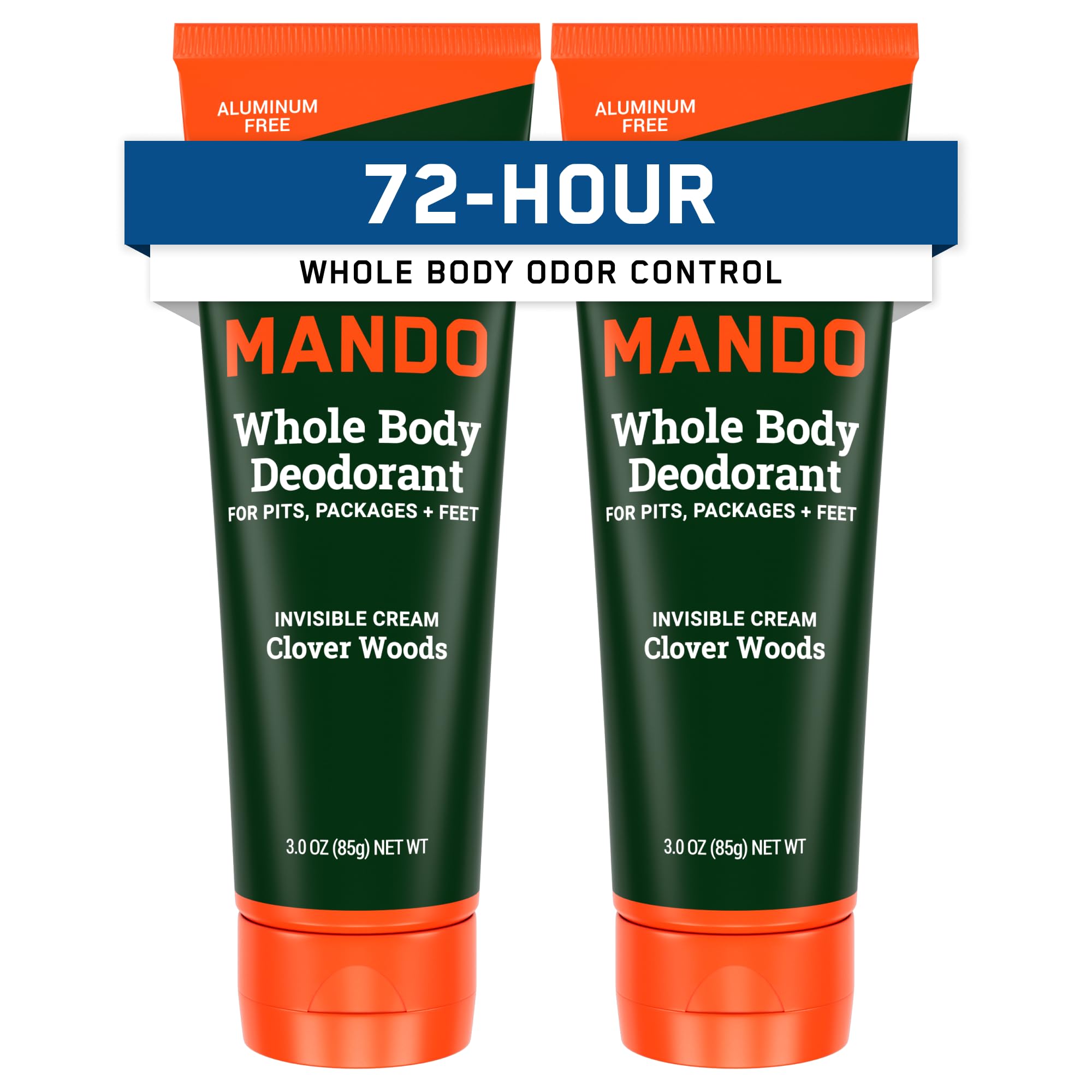 Mando front packaging showing two tubes and Clover Woods scent benefit freshness