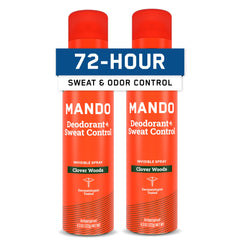 Mando front packaging showing two canisters and woodsy scent benefit