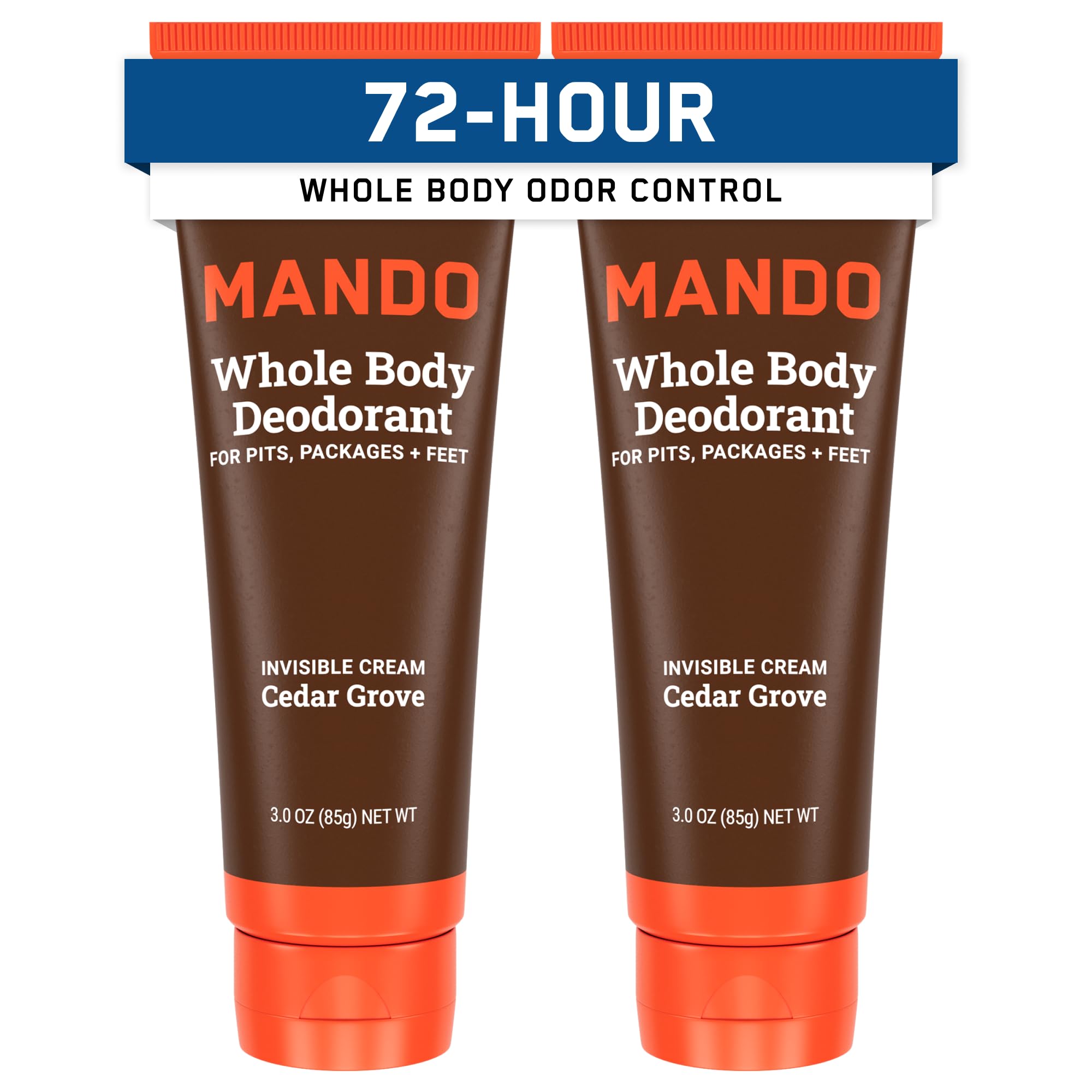 Mando front packaging Cedar Grove showing tube design and scent benefit