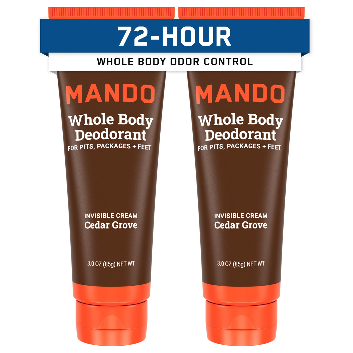 Mando front packaging Cedar Grove showing tube design and scent benefit