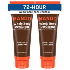 Mando front packaging Cedar Grove showing tube design and scent benefit