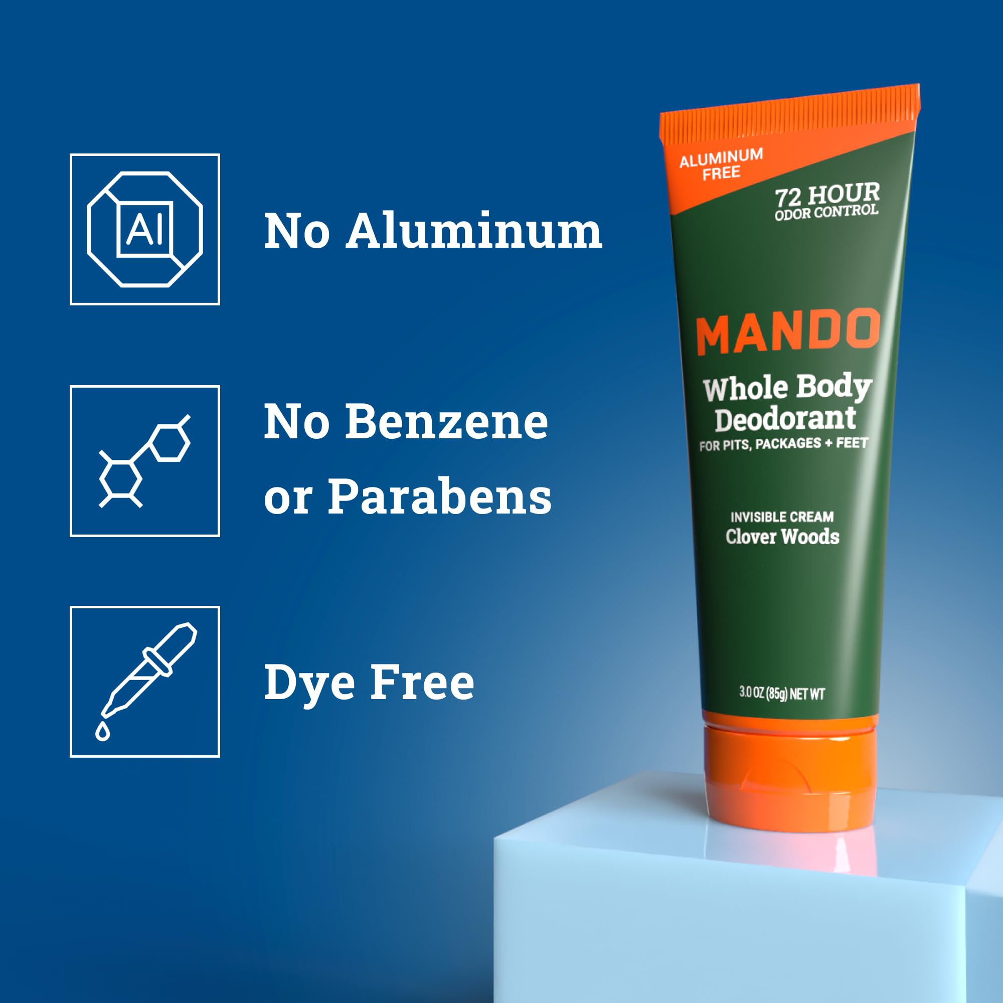 Mando ingredients label closeup highlighting no-aluminum formulation benefit safer choice