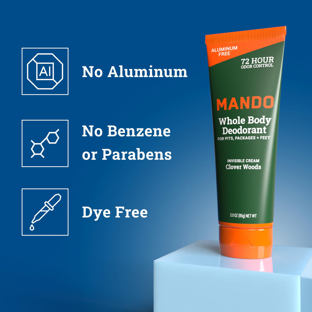 Mando ingredients label closeup highlighting no-aluminum formulation benefit safer choice