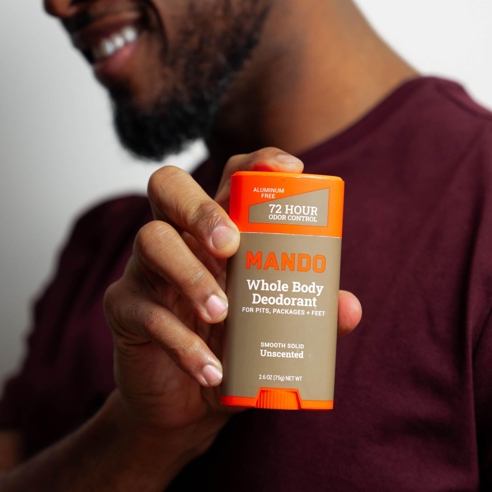 Mando ingredient label close-up highlighting dermatologist-developed, irritant-free formula