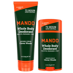 Mando cream tube front view showing label and Woods scent, easy targeted application benefit