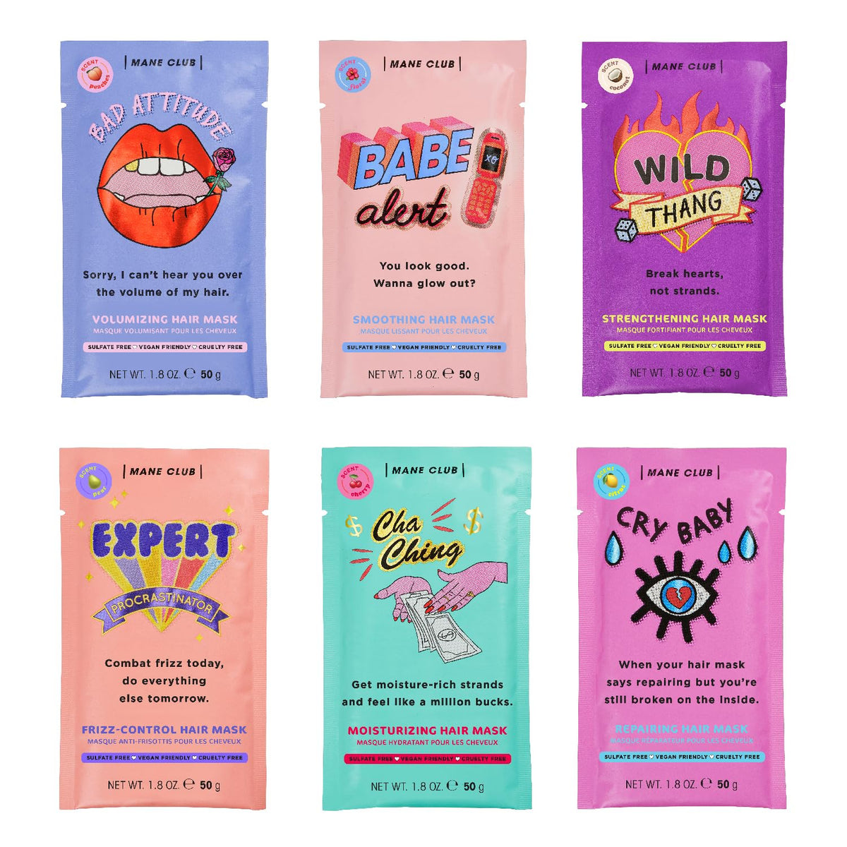MANE CLUB front packaging showing six single-use masks and convenience