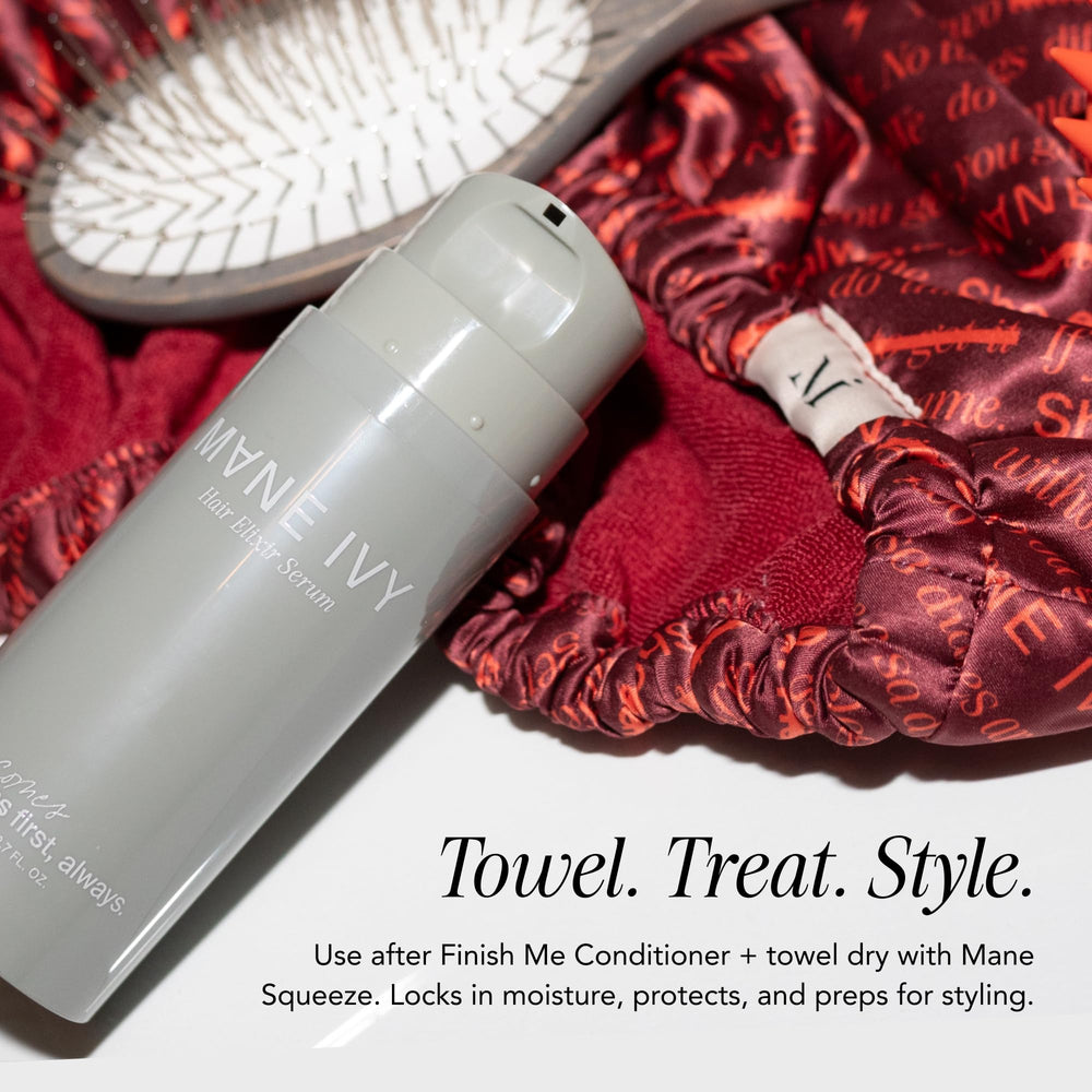 MANE IVY on bathroom vanity styled with towels for everyday use and easy access