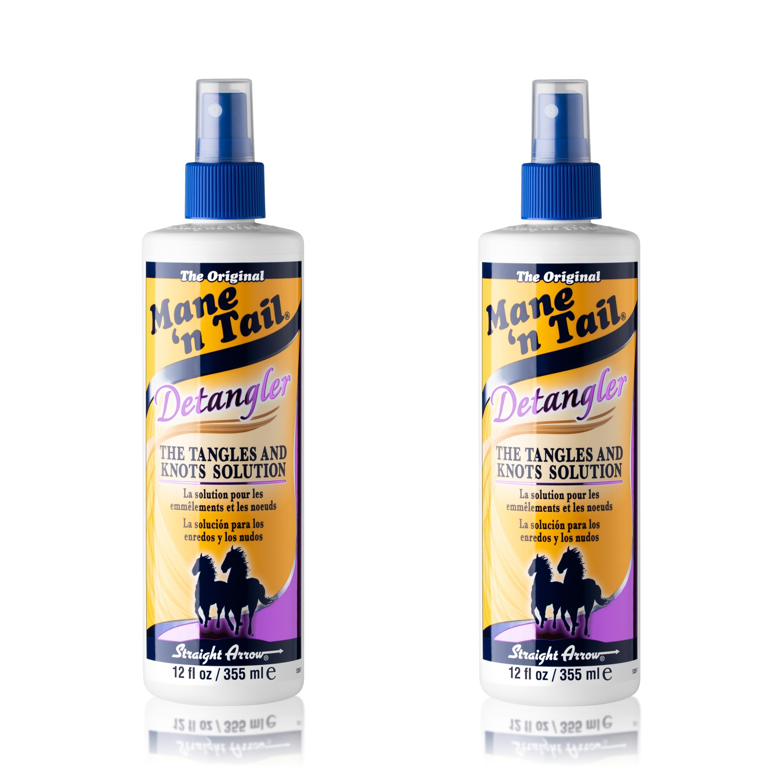 Mane 'n Tail front packaging showing two 24 oz apple blossom detangler bottles, convenient family supply