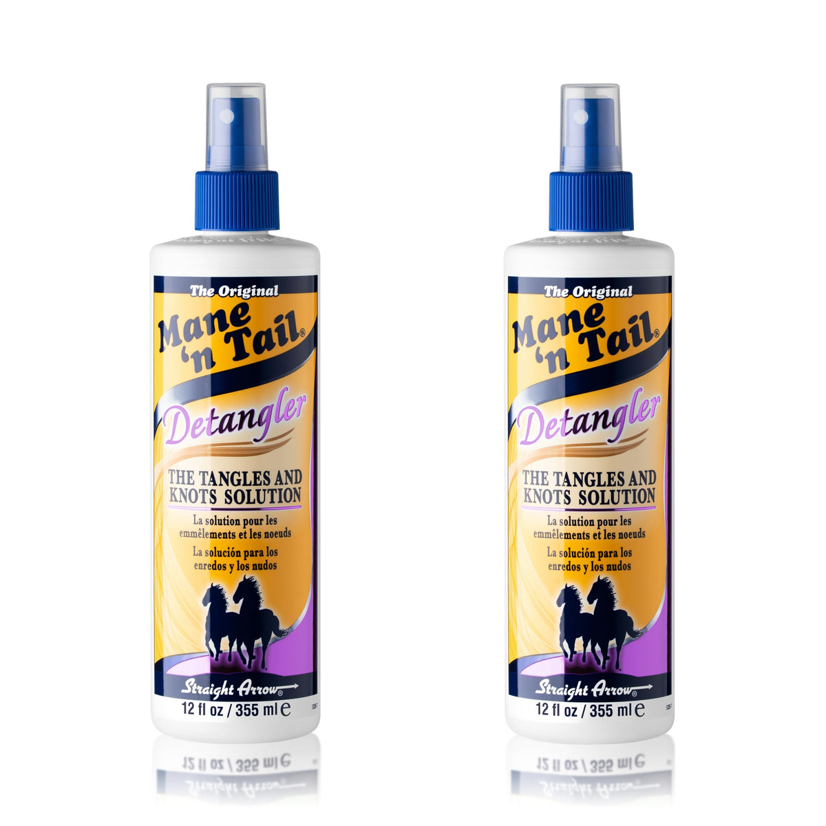 Mane 'n Tail front packaging showing two 24 oz apple blossom detangler bottles, convenient family supply