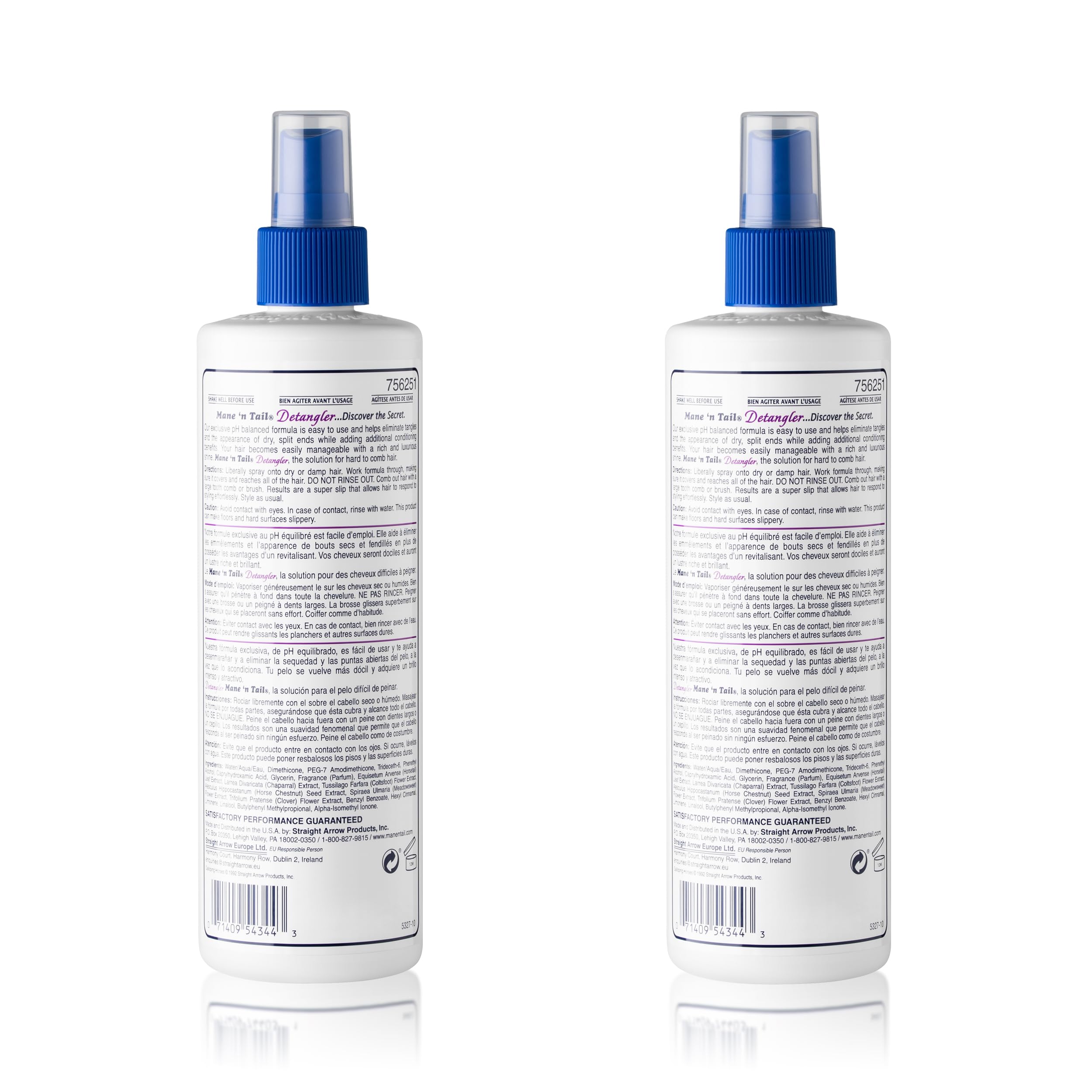 Close-up of Mane 'n Tail detangler being sprayed into hair, demonstrating gentle slip for easier combing
