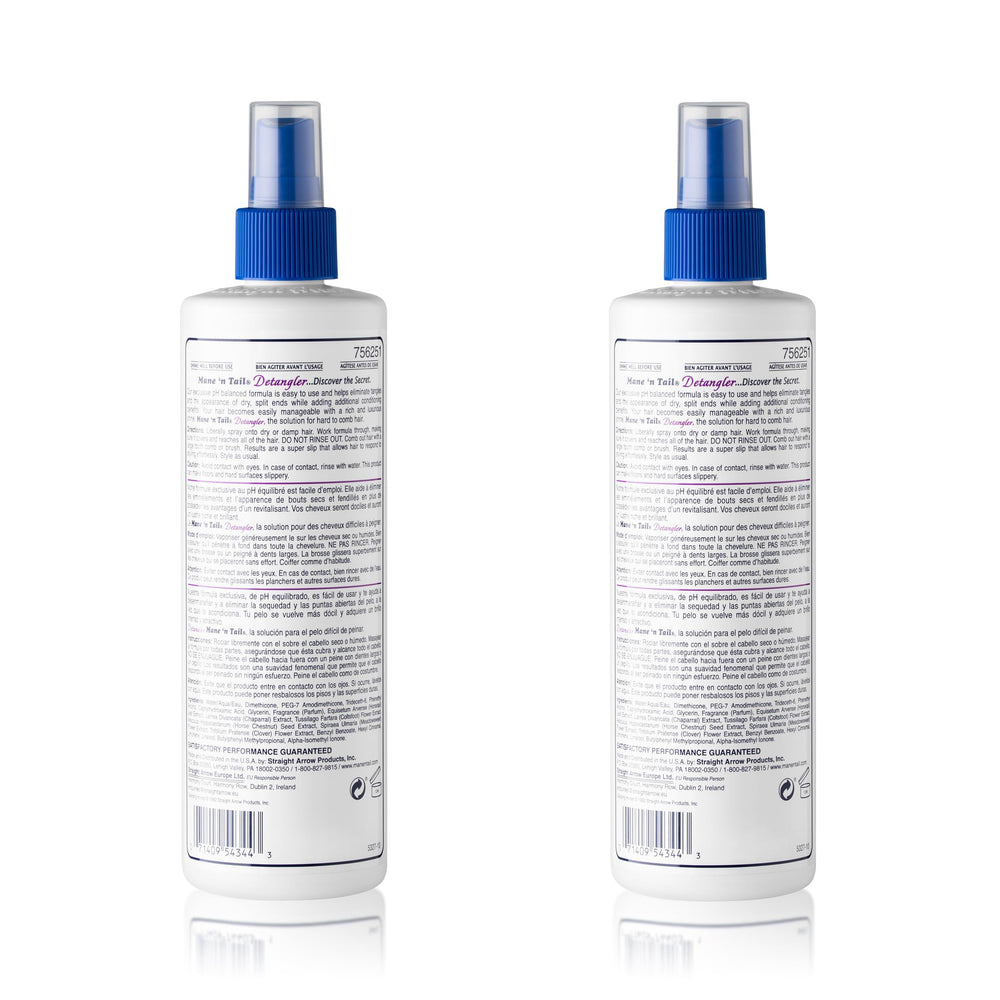Close-up of Mane 'n Tail detangler being sprayed into hair, demonstrating gentle slip for easier combing