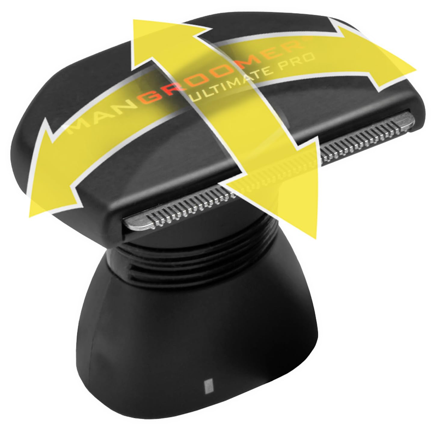 MANGROOMER wide stainless-steel blade close-up for faster coverage benefit