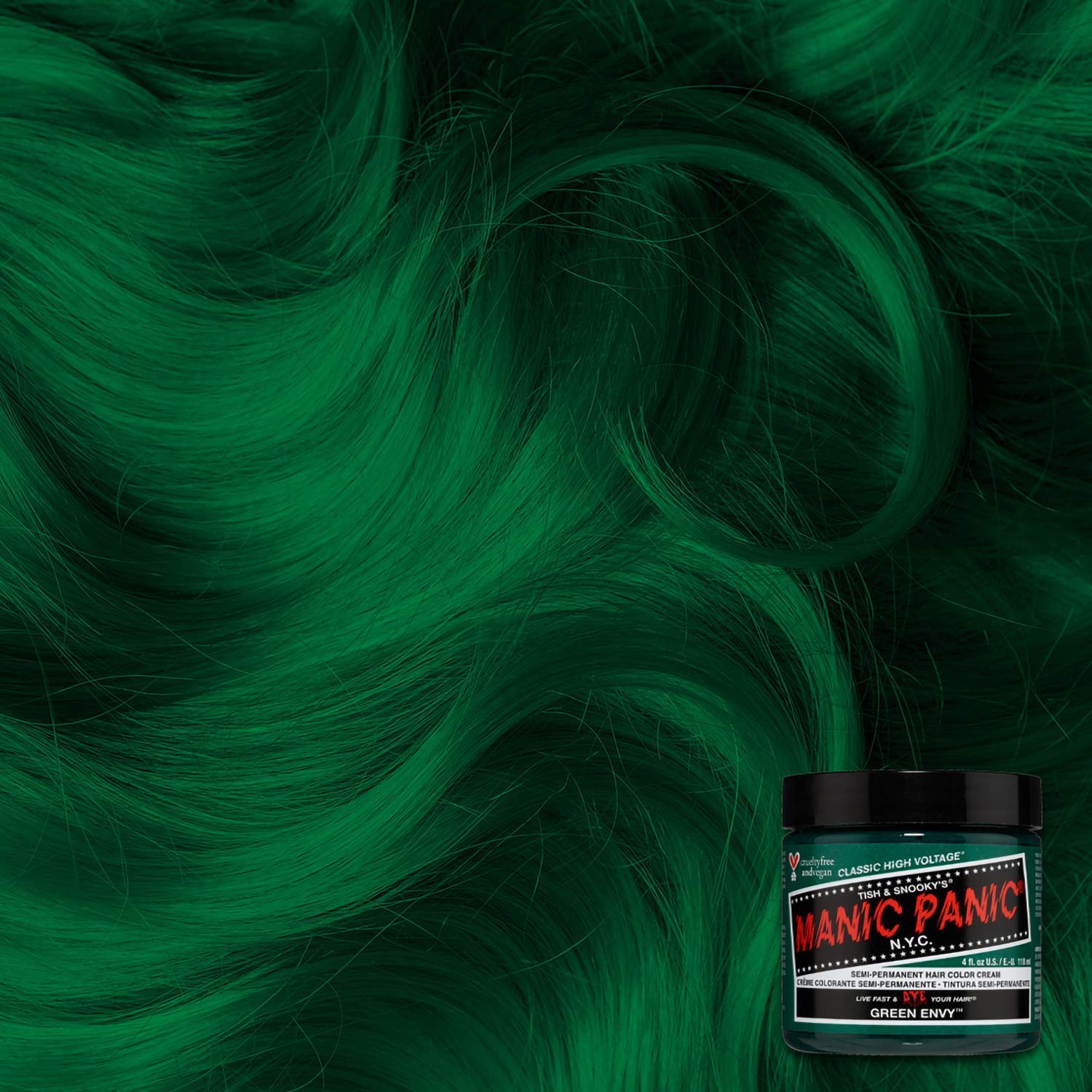 MANIC PANIC green envy being applied to hair demonstrating easy use and bold pigment benefit