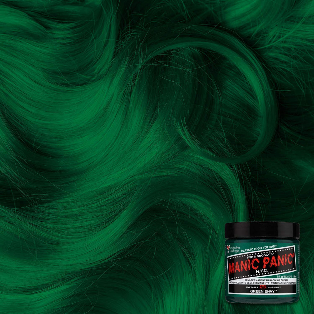 MANIC PANIC green envy being applied to hair demonstrating easy use and bold pigment benefit