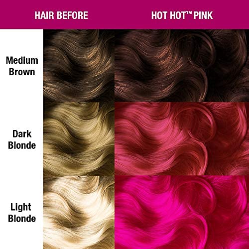 MANIC PANIC swatch on light blonde hair showing neon pink vibrancy under daylight