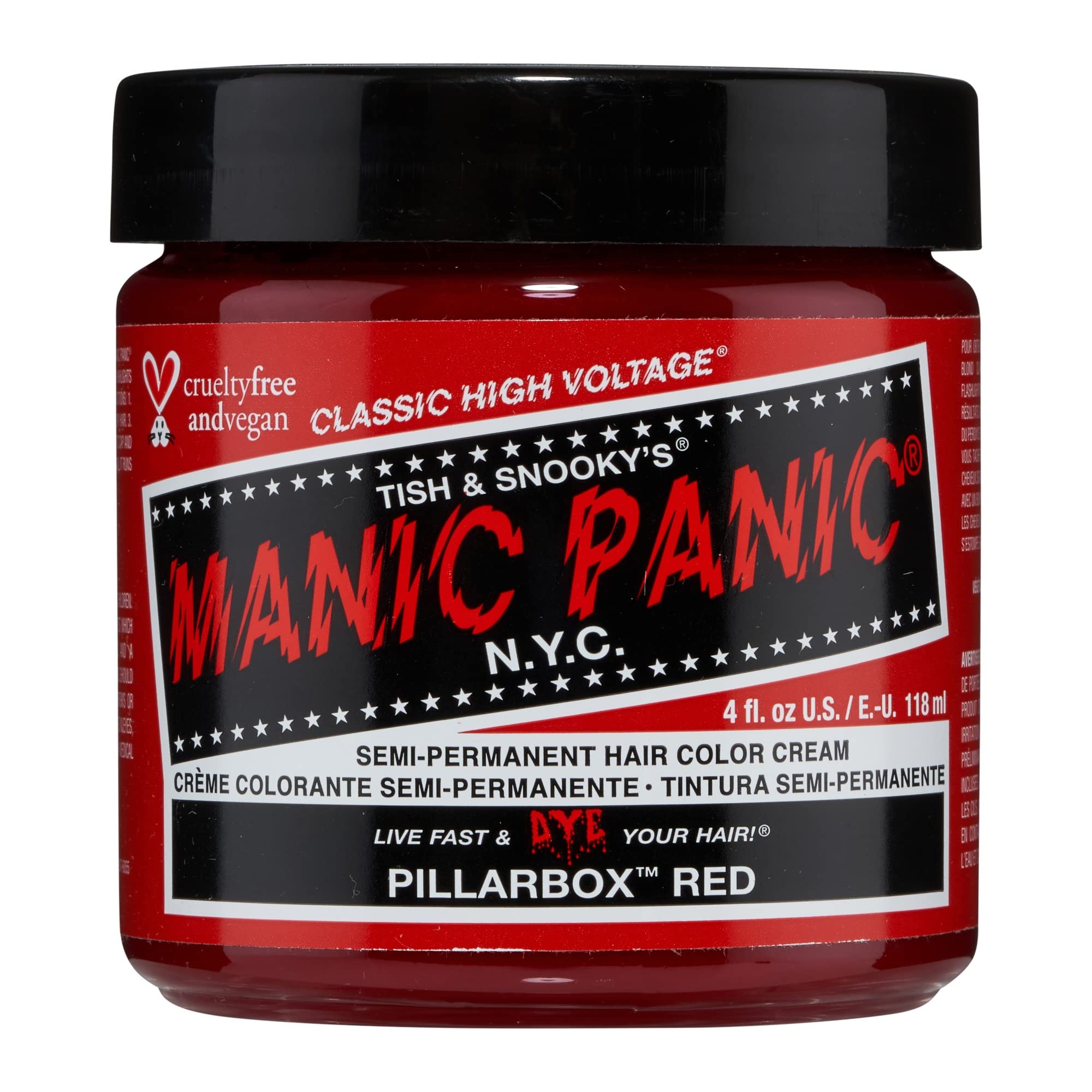 Manic Panic Pillarbox Red front packaging showing brand and bold red benefits