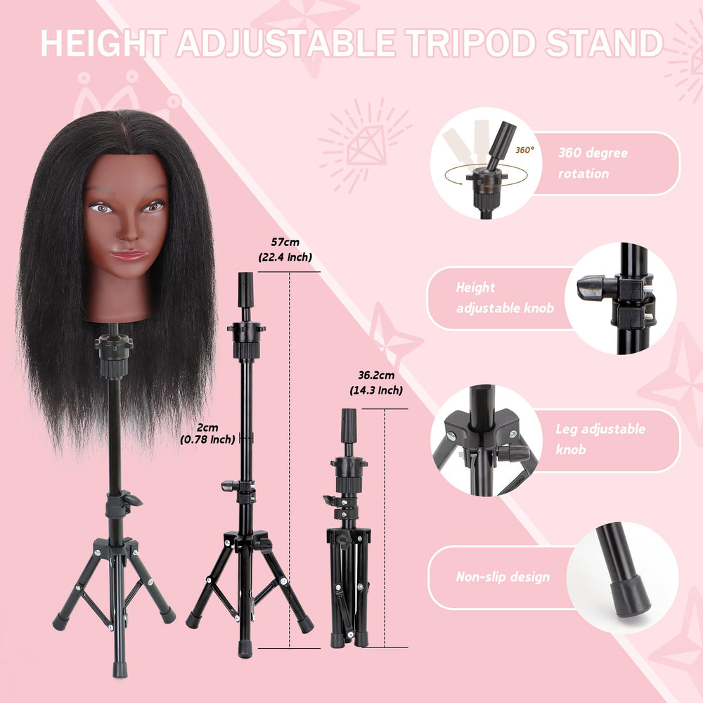 MannequeenHead mounted on tripod and clamp providing stable salon-style support