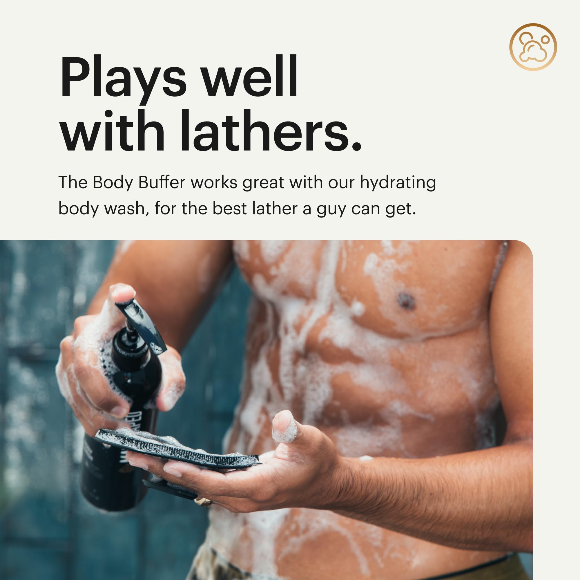 MANSCAPED using the buffer on shoulder showing reach and full-body cleaning advantage