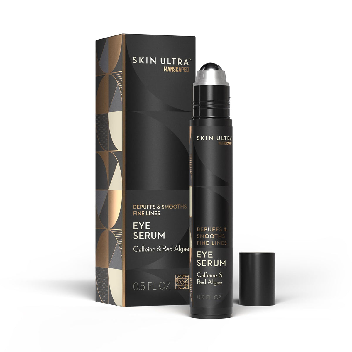 MANSCAPED bottle front view showing compact eye serum for quick depuffing