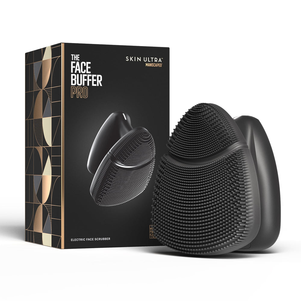 MANSCAPED Face Buffer PRO front view showing device and benefit of quick full-face clean