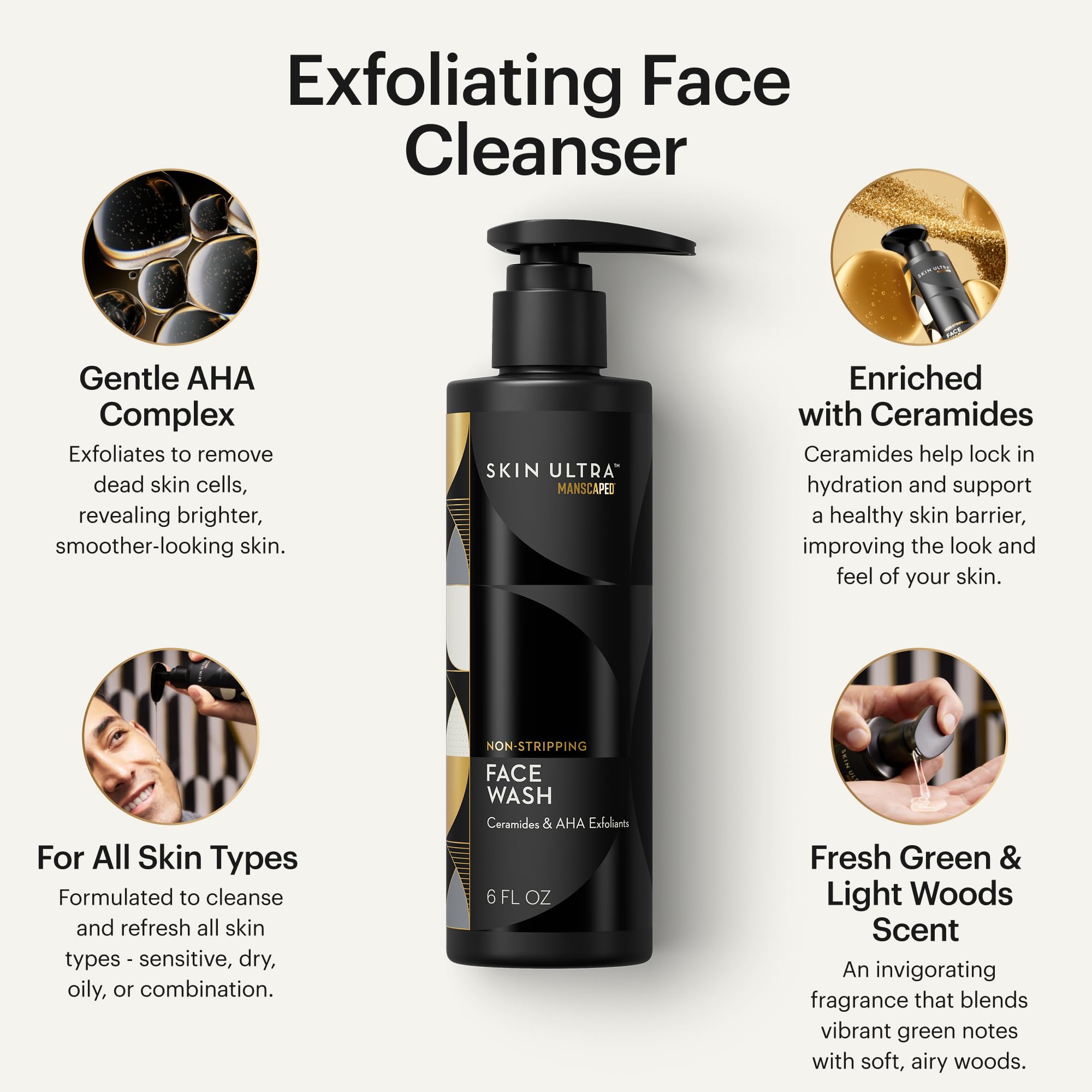MANSCAPED exfoliating face wash pump close-up showing easy dispensing and fresh scent