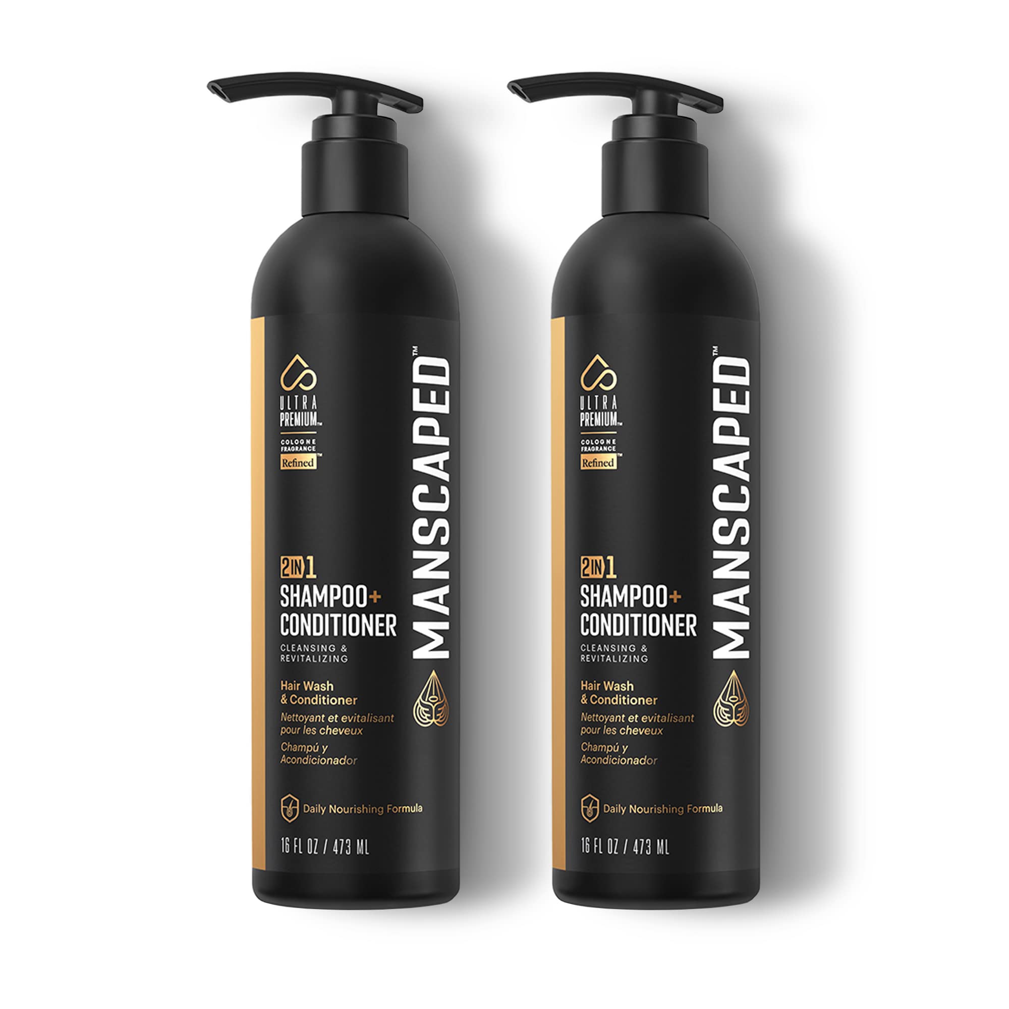 MANSCAPED front bottle view showing 16 oz label and benefits